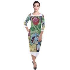 Stained Glass Rose Flower Quarter Sleeve Midi Velour Bodycon Dress by Salman4z