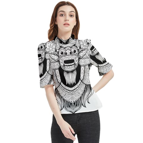 Balinese Art Barong Drawing Bali White Background People Frill Neck Blouse by Salman4z