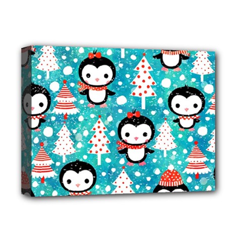 Blue Penguin Pattern Christmas Deluxe Canvas 16  X 12  (stretched)  by Salman4z