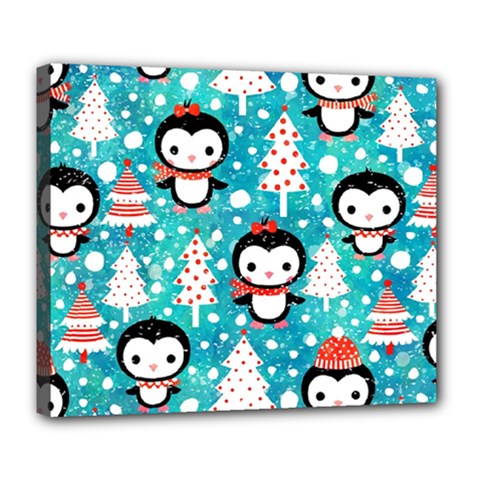 Blue Penguin Pattern Christmas Deluxe Canvas 24  X 20  (stretched) by Salman4z