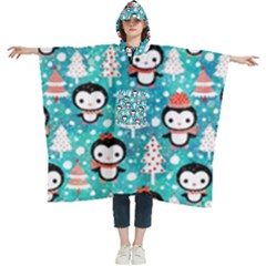 Blue Penguin Pattern Christmas Women s Hooded Rain Ponchos