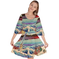 Wave Japanese Mount Fuji Woodblock Print Ocean Velour Kimono Dress by Salman4z