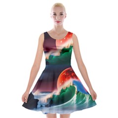 Sea Ocean Waves Rocks Sunset Artwork Velvet Skater Dress by Jancukart