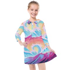 Waves Ocean Sea Tsunami Nautical 9 Kids  Quarter Sleeve Shirt Dress