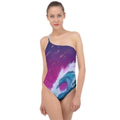 Tsunami Waves Ocean Sea Nautical Nature Water Unique Classic One Shoulder Swimsuit by Jancukart