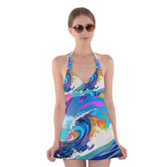 Tsunami Waves Ocean Sea Nautical Nature Water Art Halter Dress Swimsuit  by Jancukart