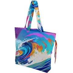 Tsunami Waves Ocean Sea Nautical Nature Water Art Drawstring Tote Bag by Jancukart