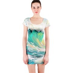 Waves Ocean Sea Tsunami Nautical 90 Short Sleeve Bodycon Dress by Jancukart