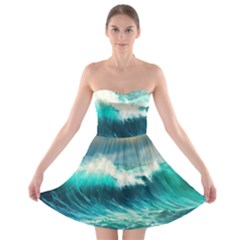 Waves Ocean Sea Tsunami Nautical Blue Strapless Bra Top Dress by Jancukart