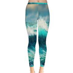 Waves Ocean Sea Tsunami Nautical Blue Inside Out Leggings by Jancukart