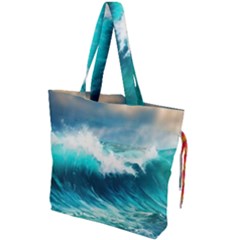 Waves Ocean Sea Tsunami Nautical Blue Drawstring Tote Bag by Jancukart