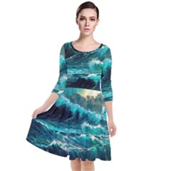 Tsunami Waves Ocean Sea Nautical Nature Water 5 Quarter Sleeve Waist Band Dress by Jancukart