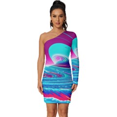 Tsunami Waves Ocean Sea Nautical Nature Water 3 Long Sleeve One Shoulder Mini Dress by Jancukart