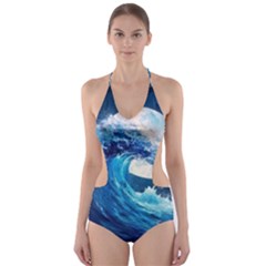 Tsunami Waves Ocean Sea Nautical Nature Water Moon Cut-out One Piece Swimsuit by Jancukart