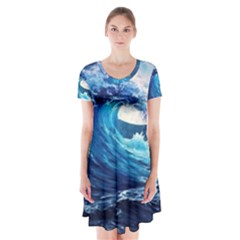 Tsunami Waves Ocean Sea Nautical Nature Water Moon Short Sleeve V-neck Flare Dress by Jancukart
