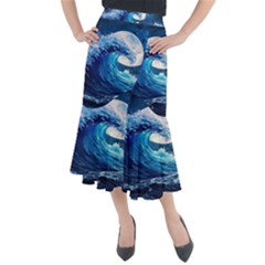 Tsunami Waves Ocean Sea Nautical Nature Water Moon Midi Mermaid Skirt by Jancukart