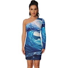 Tsunami Waves Ocean Sea Nautical Nature Water Moon Long Sleeve One Shoulder Mini Dress by Jancukart