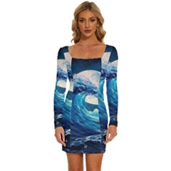 Tsunami Waves Ocean Sea Nautical Nature Water Moon Long Sleeve Square Neck Bodycon Velvet Dress by Jancukart