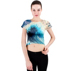 Tsunami Waves Ocean Sea Nautical Nature Water Arts Crew Neck Crop Top by Jancukart