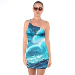 Waves Ocean Sea Tsunami Nautical 3 One Shoulder Ring Trim Bodycon Dress by Jancukart