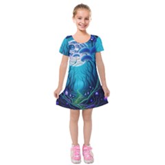 Forrest Jungle Blue Artwork Kids  Short Sleeve Velvet Dress by Jancukart