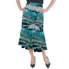 Tsunami Waves Ocean Sea Nautical Nature Water Blue Black Midi Mermaid Skirt by Jancukart