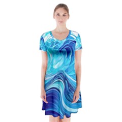 Tsunami Waves Ocean Sea Nautical Nature Abstract Blue Water Short Sleeve V-neck Flare Dress by Jancukart