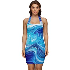 Tsunami Waves Ocean Sea Nautical Nature Abstract Blue Water Sleeveless Wide Square Neckline Ruched Bodycon Dress by Jancukart