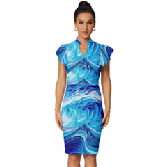 Tsunami Waves Ocean Sea Nautical Nature Abstract Blue Water Vintage Frill Sleeve V-neck Bodycon Dress by Jancukart