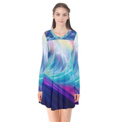 Waves Ocean Sea Tsunami Nautical Nature Water Long Sleeve V-neck Flare Dress by Jancukart