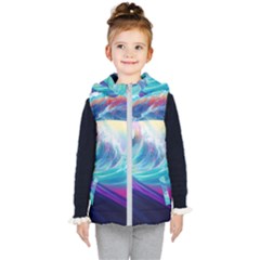 Waves Ocean Sea Tsunami Nautical Nature Water Kids  Hooded Puffer Vest by Jancukart