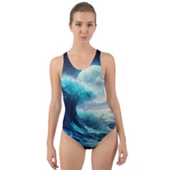 Tsunami Waves Ocean Sea Nautical Nature Water 4 Cut-out Back One Piece Swimsuit by Jancukart