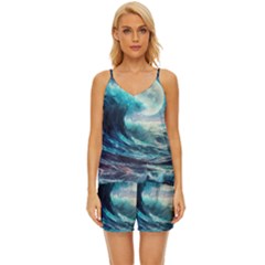 Tsunami Waves Ocean Sea Nautical Nature Water 4 V-neck Satin Pajamas Set by Jancukart