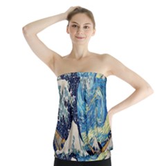 The Great Wave Of Kanagawa Painting Starry Night Van Gogh Strapless Top by Sudheng