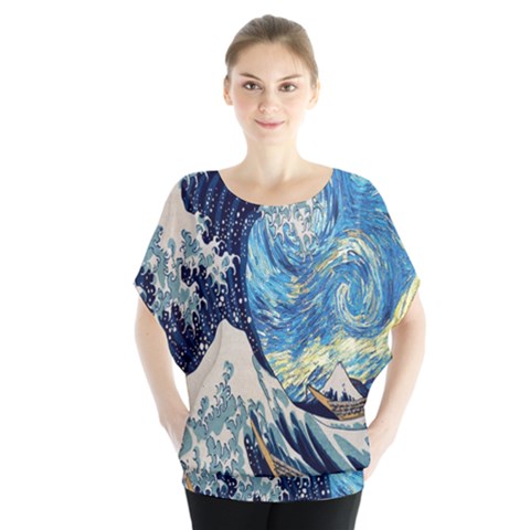 The Great Wave Of Kanagawa Painting Starry Night Van Gogh Batwing Chiffon Blouse by Sudheng