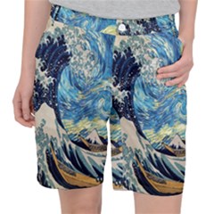 The Great Wave Of Kanagawa Painting Starry Night Van Gogh Women s Pocket Shorts by Sudheng