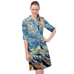 Starry Night Hokusai Van Gogh The Great Wave Off Kanagawa Long Sleeve Mini Shirt Dress