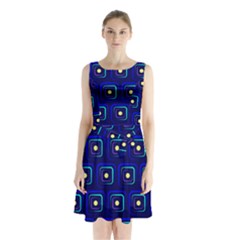 Blue Neon Squares - Modern Abstract Sleeveless Waist Tie Chiffon Dress by ConteMonfrey