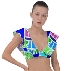 Crazy Pop Art - Doodle Skulls  Plunge Frill Sleeve Bikini Top by ConteMonfrey