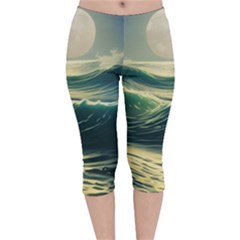 Ocean Sea Waves Tide Velvet Capri Leggings  by Simbadda