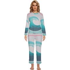 Tidal Wave Ocean Sea Tsunami Wave Minimalist Womens  Long Sleeve Lightweight Pajamas Set by Wegoenart