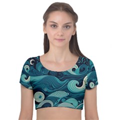 Waves Ocean Sea Abstract Whimsical Abstract Art Velvet Short Sleeve Crop Top  by Wegoenart