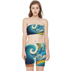 Waves Ocean Sea Abstract Whimsical Abstract Art 3 Stretch Shorts And Tube Top Set