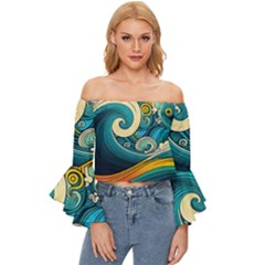 Waves Ocean Sea Abstract Whimsical Abstract Art 3 Off Shoulder Flutter Bell Sleeve Top