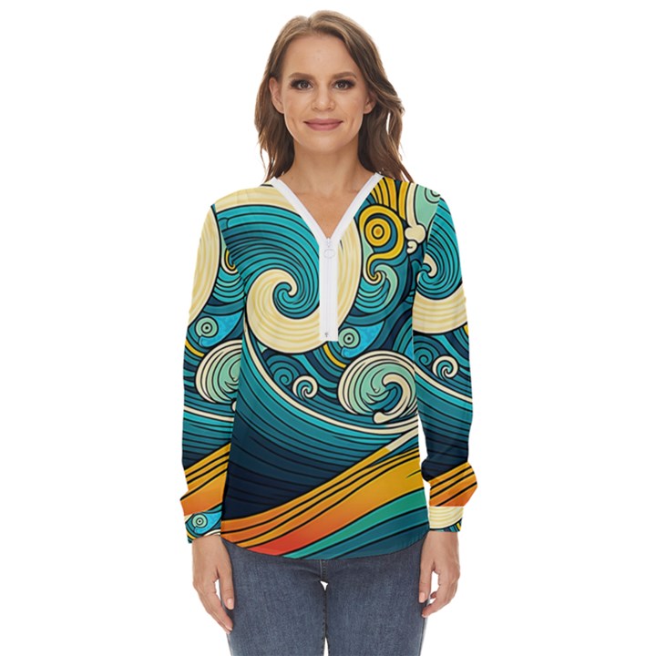 Waves Ocean Sea Abstract Whimsical Abstract Art 3 Zip Up Long Sleeve Blouse