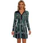 Printed Circuit Board Circuits Long Sleeve Deep V Mini Dress 