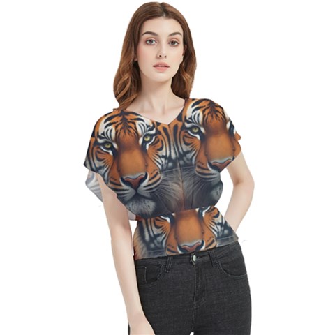 Tiger Animal Feline Predator Portrait Carnivorous Butterfly Chiffon Blouse by Uceng