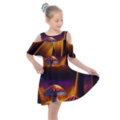 Ai Generated Mushrooms Wallpaper Kids  Shoulder Cutout Chiffon Dress by Uceng