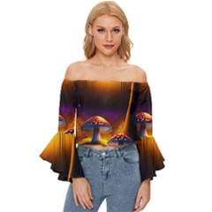 Ai Generated Mushrooms Wallpaper Off Shoulder Flutter Bell Sleeve Top by Uceng