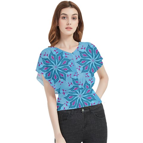 Flower Template Mandala Nature Blue Sketch Drawing Butterfly Chiffon Blouse by Uceng